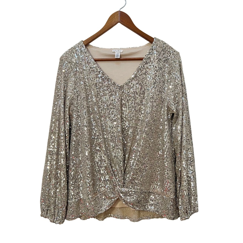Spense Womens Champagne Gold Sequin V-Neck Twist Front L Blouse Party Cocktail